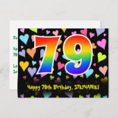 79歳の誕生日:楽しいハート柄、虹 79 ポストカード (正面/裏面)