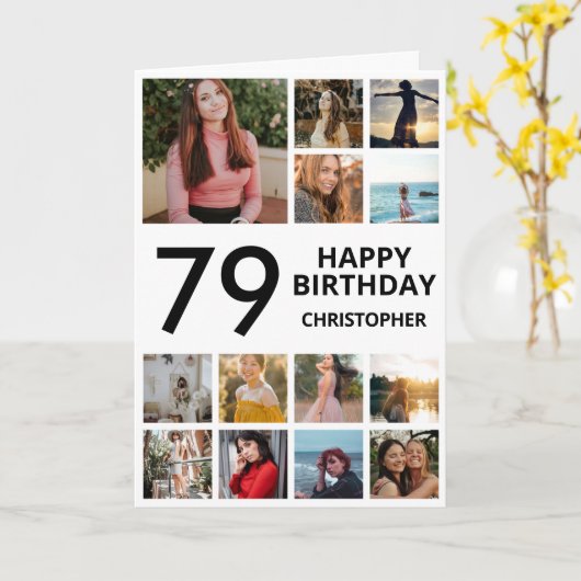 79誕生日フォトコラージュ13フォト白黒 カード (黄色い花)