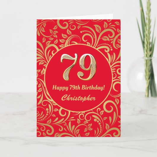 79誕生日赤・金ゴールド花柄 カード (正面)