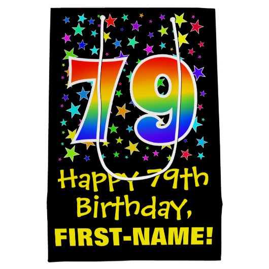 79誕生日:カラフルスターズパターン&レインボー79 ミディアムペーパーバッグ (裏面)