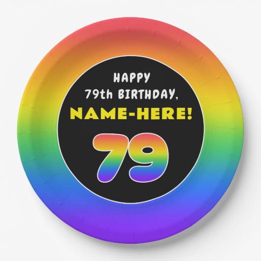 79誕生日:カラフルレインボー# 79,名前をカスタムする ペーパープレート (正面)