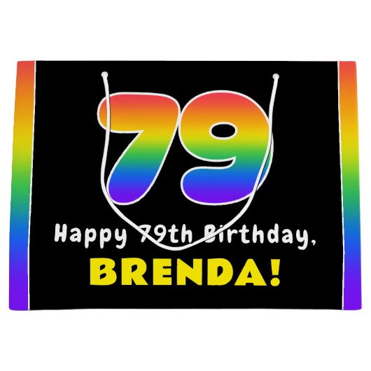 79誕生日:カラフルレインボー# 79,名前をカスタムする ラージペーパーバッグ (正面)
