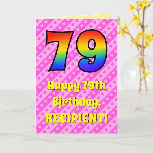 79誕生日:ピンクストライプのハート、レインボー# 79 カード (黄色い花)
