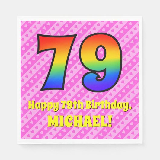 79誕生日:ピンクストライプのハート、レインボー# 79 スタンダードランチョンナプキン (正面)