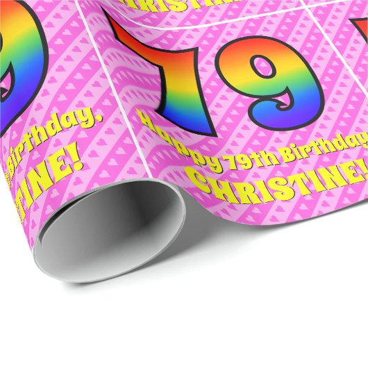 79誕生日:ピンクストライプのハート、レインボー# 79 ラッピングペーパー (ロールコーナー)