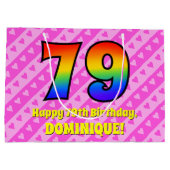 79誕生日：ピンクストライプのハート、レインボー# 79 ラージペーパーバッグ (裏面)
