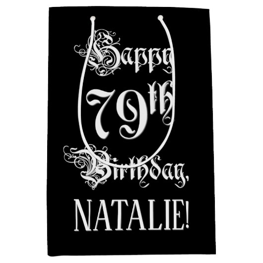 79誕生日:、ファンシースクリプエレガントト+名前をカスタムする ミディアムペーパーバッグ (正面)