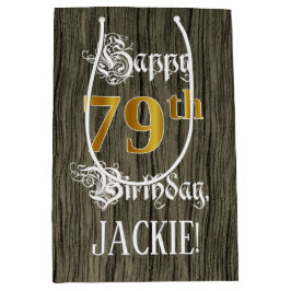 79誕生日:フェイク金ゴールドルック&ウッドフェイクパターン ミディアムペーパーバッグ
