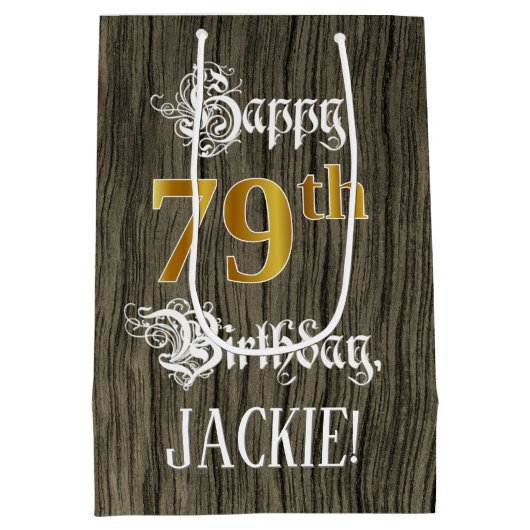 79誕生日:フェイク金ゴールドルック&ウッドフェイクパターン ミディアムペーパーバッグ (裏面)