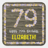 79誕生日:フローラ番号フェイク、木目、名前 スクエアシール (正面)