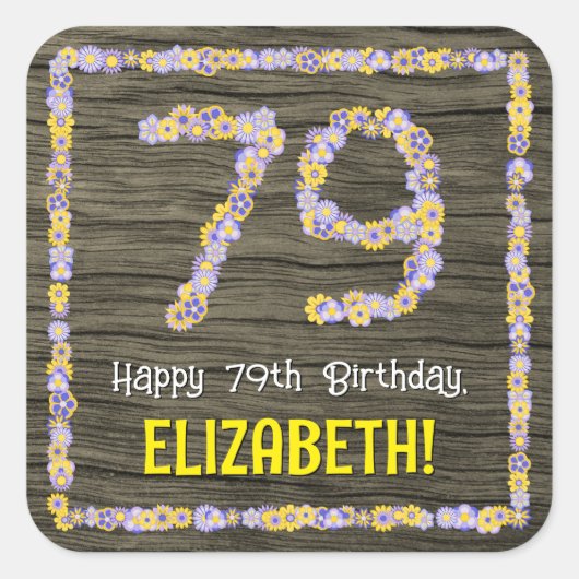 79誕生日:フローラ番号フェイク、木目、名前 スクエアシール (正面)