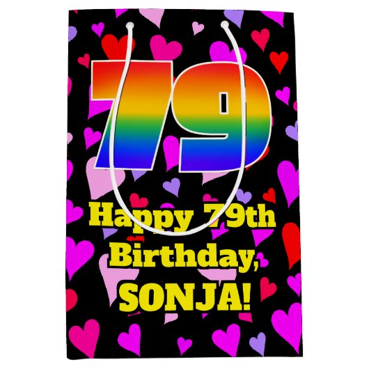 79誕生日:愛するハートパターン、虹# 79 ミディアムペーパーバッグ (正面)