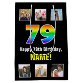 79誕生日: Rainbow "79",写真カスタムと名前 ミディアムペーパーバッグ (裏面)