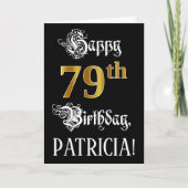 79th誕生日:ファンシースクリプト、フェイク金ゴールド・ルック、名前 カード (正面)