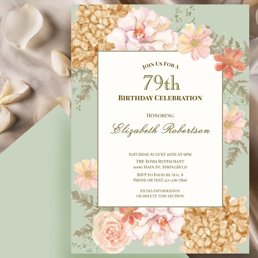 79th Birthday Invitation Autumn Colors Floral Sage 招待状