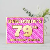 79th Birthday Party —おもしろいピンクのハートとストライプ 箔招待状 (立ち正面)