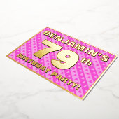 79th Birthday Party —おもしろいピンクのハートとストライプ 箔招待状 (回転した状態)