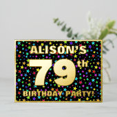 79th Birthday Party —おもしろい、スターカラフルズ・パターン 箔招待状 (立ち正面)