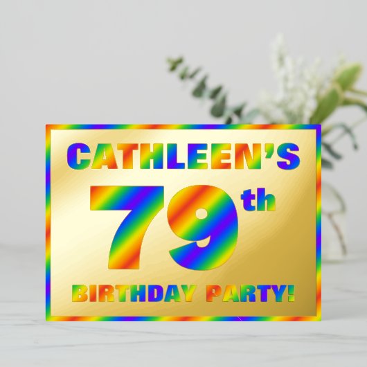 79th Birthday Party —おもしろい、レインボースペクトル「79」 箔招待状 (立ち正面)