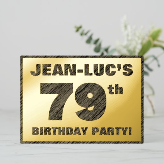 79th Birthday Party — はっきりしたWood Grainフェイク文字 箔招待状 (立ち正面)