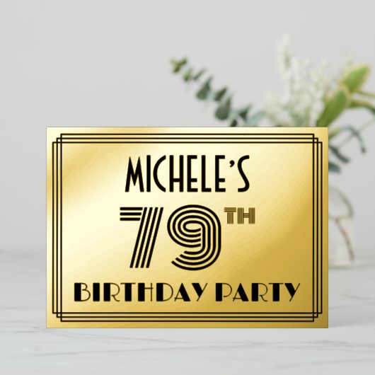 79th Birthday Party —アールデコスタイル「79」 & Name 箔招待状 (立ち正面)