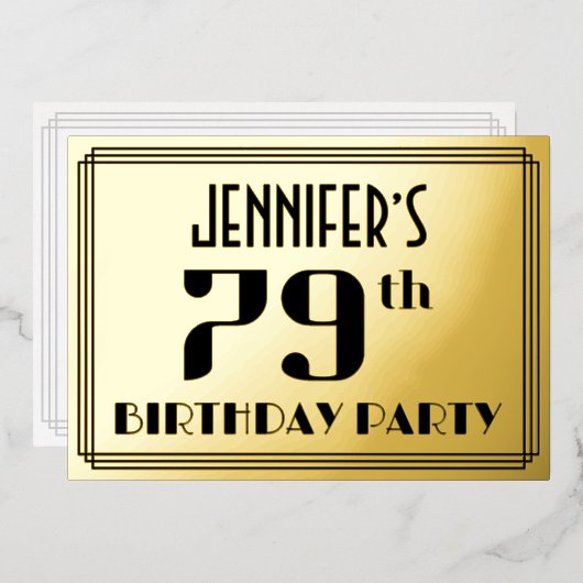 79th Birthday Party:アールデコ「79」と名前 箔招待状 (正面/裏面)