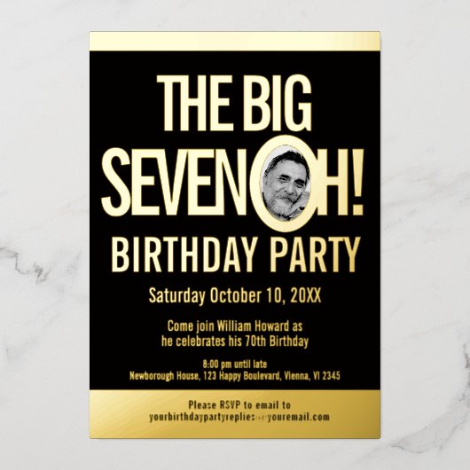 7 0hの大物！70誕生日の写真 箔招待状 (正面)