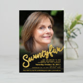 7 5 75誕生日カスタム写真黒金ゴールド 箔招待状 (立ち正面)