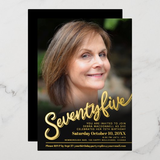 7 5 75誕生日カスタム写真黒金ゴールド 箔招待状 (正面/裏面)
