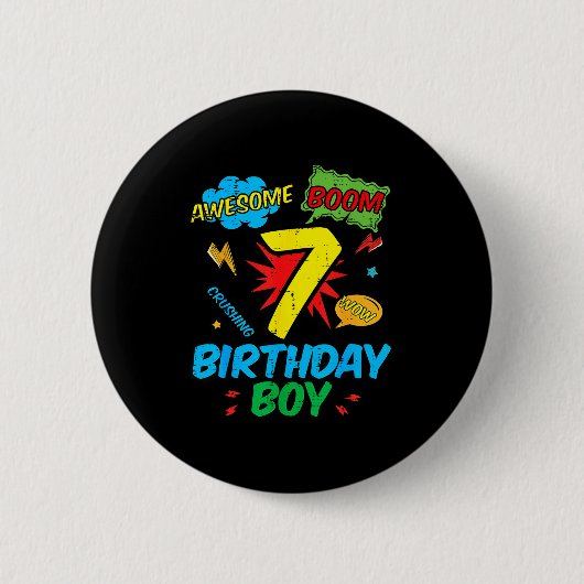 7 Birthday Boy Comic Cool 7th Bday Superhero Party 缶バッジ (正面)