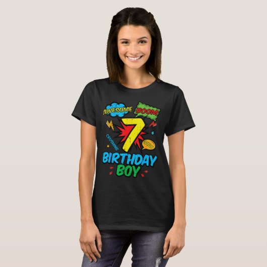 7 Birthday Boy Comic Cool 7th Bday Superhero Party Tシャツ (正面フル)