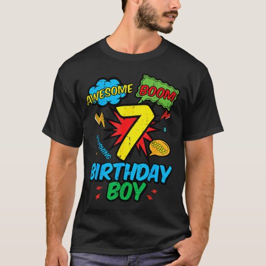 7 Birthday Boy Comic Cool 7th Bday Superhero Party Tシャツ (正面)