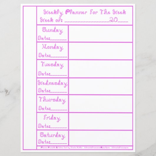7 Day Pink Lilac Fabric Font Weekly Planner Paper (正面)