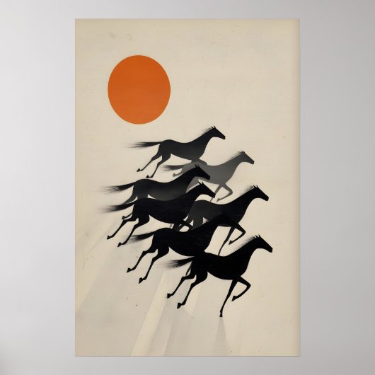 7 Horses Wall Art Minimalist Black Silhouettes ポスター (正面)