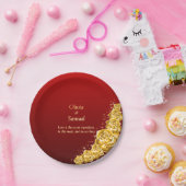 7" Names and Gold Flowers on Red Maroon  ペーパープレート (パーティー)
