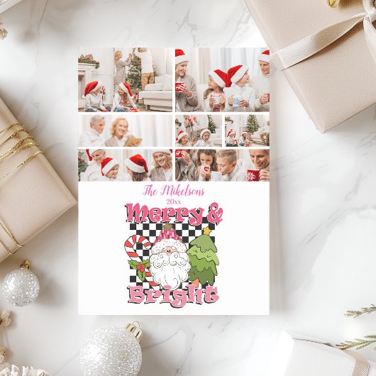 7 Photo Checkered Merry & Bright Christmas シーズンカード