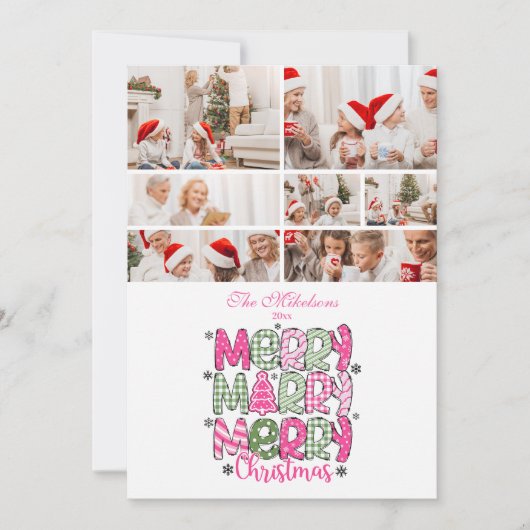 7 Photo Pink Green Merry Christmas Holiday シーズンカード (正面)
