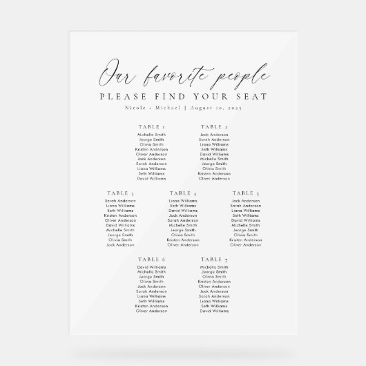 7 Tables Favorite People Acrylic Seating Chart アクリルサイン (正面)