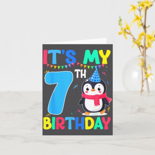7 Year Old Birthday Penguin Themed It's My 7th Bir カード (黄色い花)