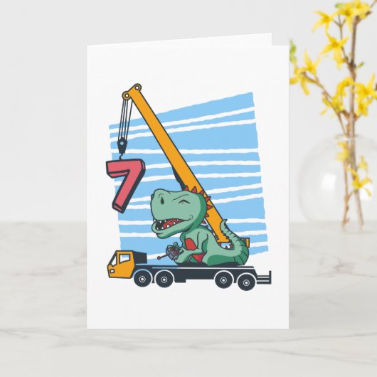 7 years 7th Birthday Mobile Crane Dinosaur カード (黄色い花)