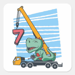 7 years 7th Birthday Mobile Crane Dinosaur スクエアシール