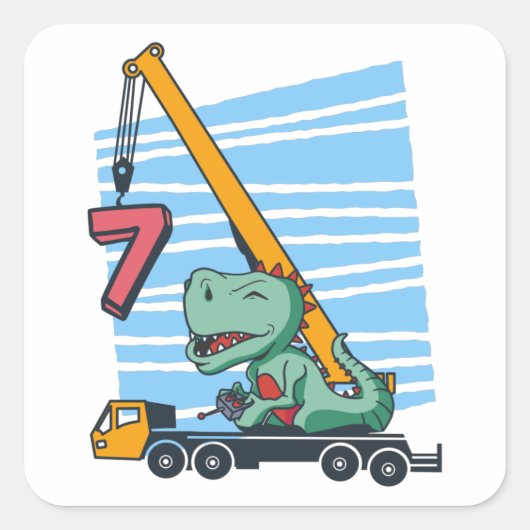 7 years 7th Birthday Mobile Crane Dinosaur スクエアシール (正面)