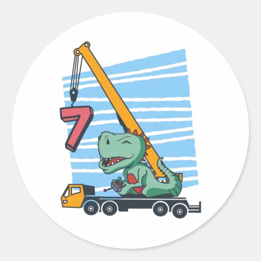 7 years 7th Birthday Mobile Crane Dinosaur ラウンドシール (正面)