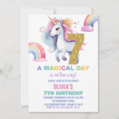 7thレインボーユニコーン誕生日招待状グリッター 招待状 (正面)