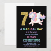 7thレインボーユニコーン誕生日招待状ブラック 招待状 (正面/裏面)