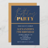 7th誕生日の招待バースデーパーティー金ゴールド海軍 招待状 (正面/裏面)