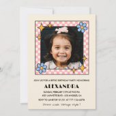 7th誕生日の招待レトロGroovyブルーフローラ 招待状 (正面)