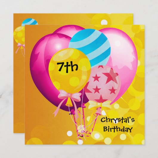 7th誕生日パーティーピンクイエローブルーバルーズガール 招待状 (正面/裏面)