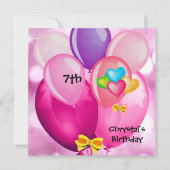 7th誕生日パーティーピンクイエローブルーバルーズガール 招待状 (正面)