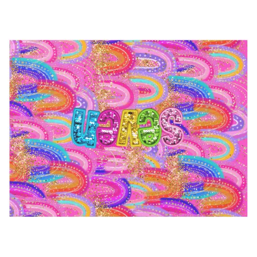 7th Birthday Bright Rainbow Gold Glitter テーブルクロス (正面(横))